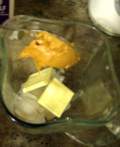Add white chocolate squares and peanut butter